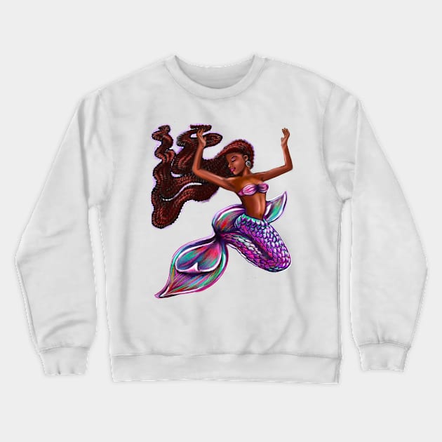 mermaid with flowing red braids,   Afro hair and caramel brown skin. Black mermaid Crewneck Sweatshirt by Artonmytee